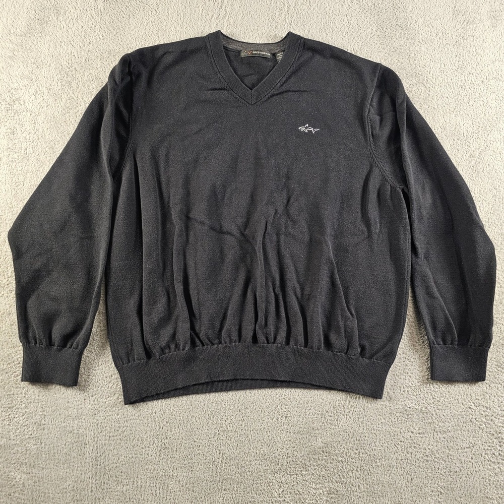 Greg Norman Mens XXL Black V-Neck 100% Cotton Shark Logo Knit Golf Sweater